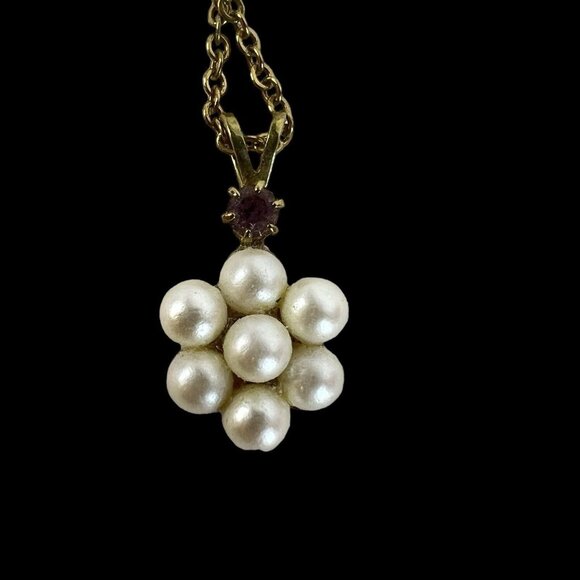 Avon Faux Pearl Cluster Necklace February Purple Birthstone Flower Pendant VTG - Picture 7 of 7